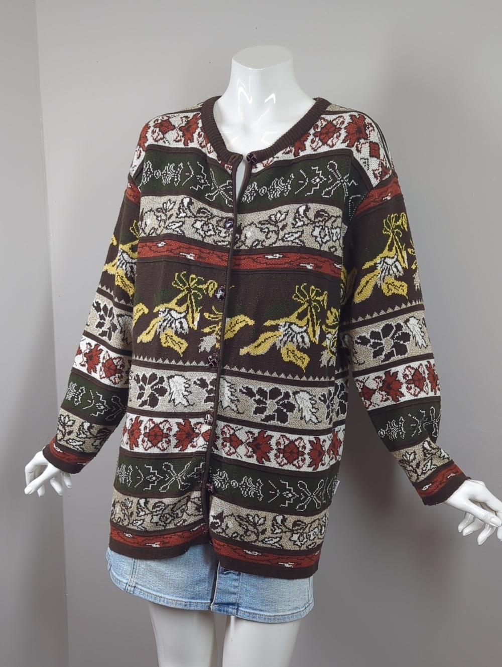 Vintage Fall Autumn Pattern Knit Cardigan Sweater Brown/Green Small
